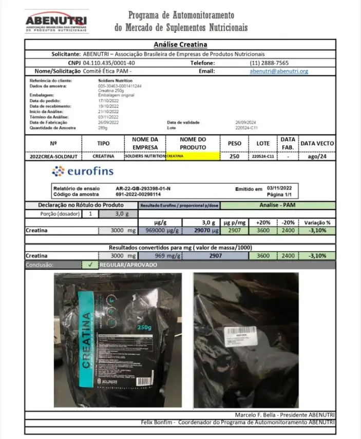 Creatina Soldiers é boa? Review completo, análise de pureza e custo-benefício 2026 4 Selo de aprovação da Creatina Soldiers Nutrition pela ABENUTRI