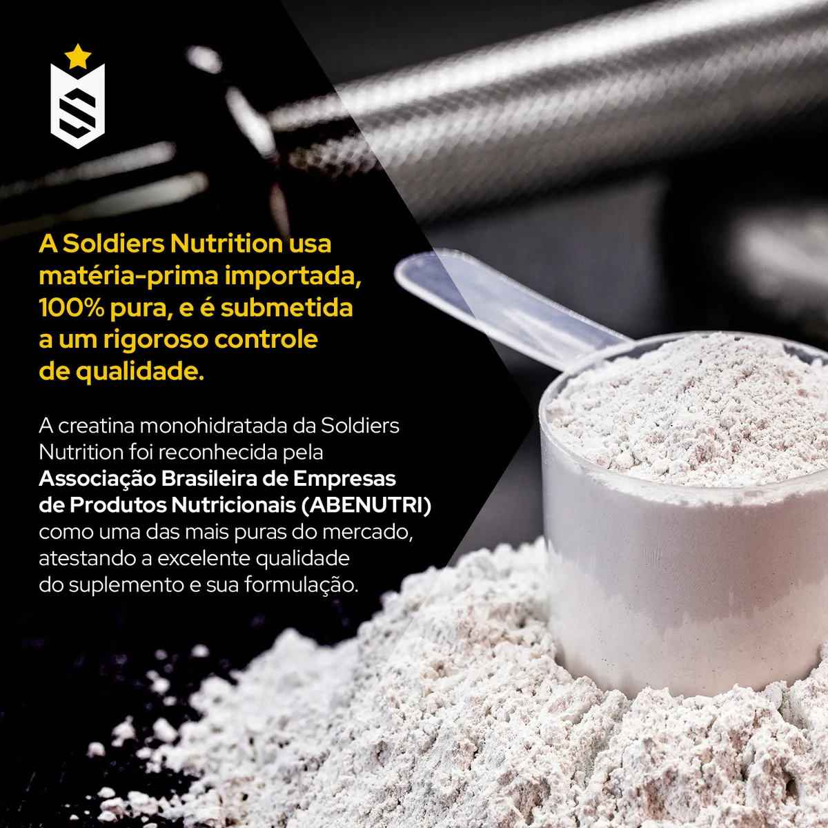 Creatina Soldiers é boa? Review completo, análise de pureza e custo-benefício 2026 3 Creatina Soldiers Nutrition em um scoop, mostrando sua textura e pureza