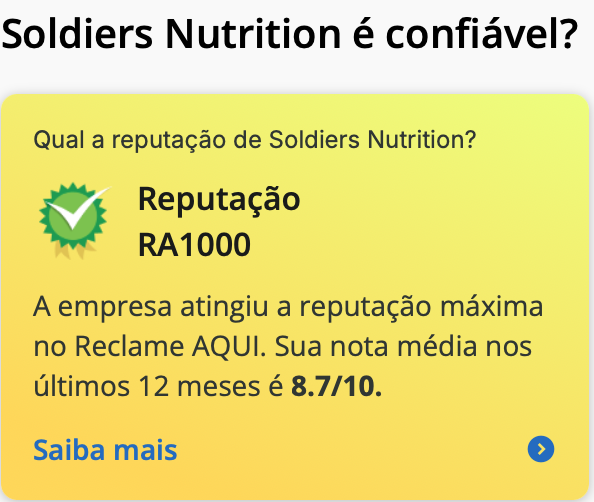Soldiers Nutrition selo Reclame Aqui RA1000, comprovando excelência no atendimento ao cliente