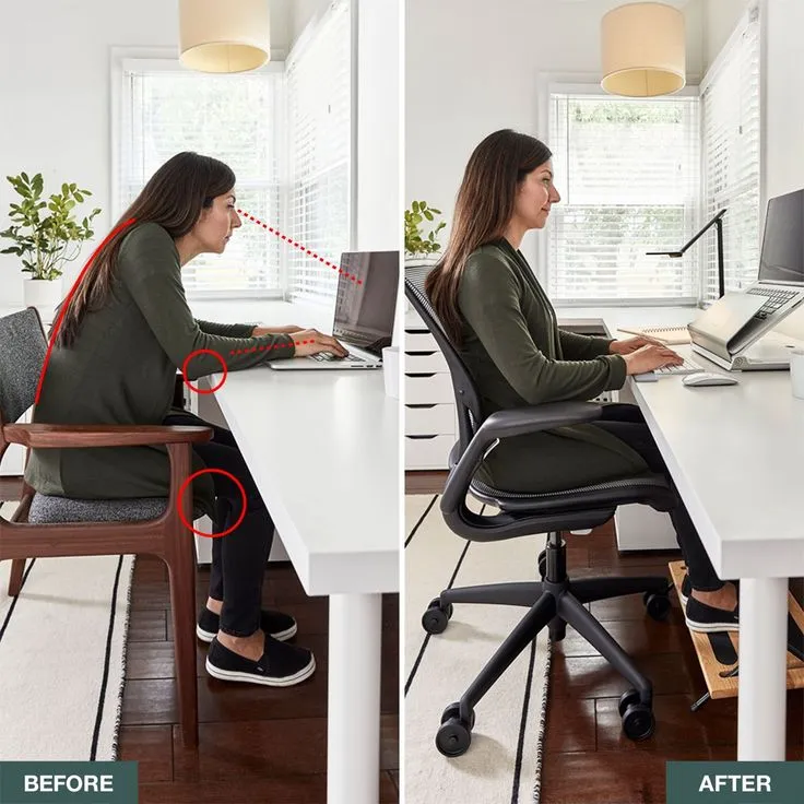 Pessoa trabalhando em home office com cadeira ergonômica e postura correta